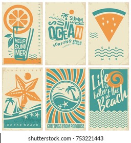 Summer vacation poster, flyer or pamphlets collection. Retro summer holiday prints design with sun, sea, beach and other summer related design elements.