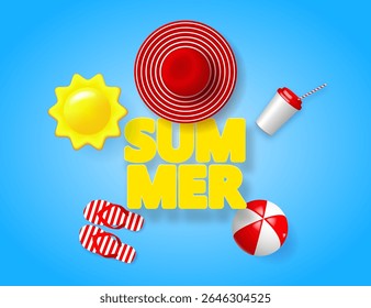 Summer vacation poster. Summer holiday background with vector objects. Beach hat, sun, sandals, beach ball, coffee cup and text  SUMMER