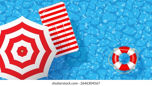 Summer vacation poster. Summer holiday background with vector objects. Beach umbrella, inflatable mattress and lifebuoy in the pool