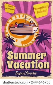 Summer Vacation poster retro, speedboat on the ocean, island, coast, palms