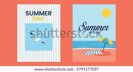 Summer Vacation Poster Set Featuring Beach Landscape Ocean Travel Sunshine Tropical Holiday Relaxation and Seasonal Tourism Promotional Designs
