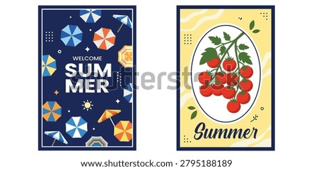 Summer Vacation Poster Set Featuring Cherry Fruit Beach Umbrella Seasonal Travel Holiday Sunshine and Tropical Leisure Themes