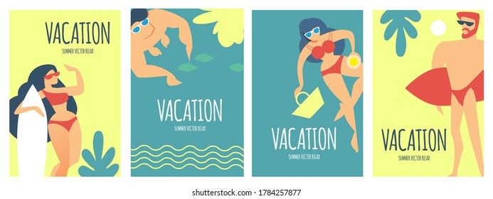 Summer vacation poster set with relaxing people on a beach. Sea holidays.