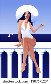 Afiche de las vacaciones de verano. Mujer hermosa sonriente con traje de baño blanco y sombrero de verano, sentada en el balcón bebiendo cóctel. Ilustración vectorial en estilo de arte plano. 