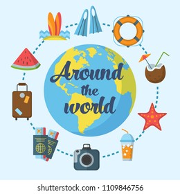Summer vacation poster with sun, palm tree, deckchair, lifebuoy, bus, ship, cocktail, baggage, airplane and other symbols of tourism. Travel concept with Globe. Vector Background with outline icons.