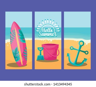 summer vacation poster with surfboard and set icons