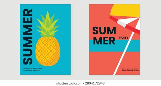 Summer Vacation Poster Template Set With Pineapple And Tropical Cocktail Illustration Bold Colorful Design Editable Vector Collection For Seasonal Party Marketing