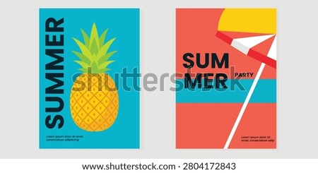 Summer Vacation Poster Template Set With Pineapple And Tropical Cocktail Illustration Bold Colorful Design Editable Vector Collection For Seasonal Party Marketing