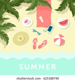 Summer vacation poster with top view of palm trees and sea shore, beach accessories and summer food.