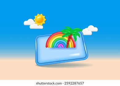 Summer vacation poster. Tropical island on mobile phone screen. Vector objects