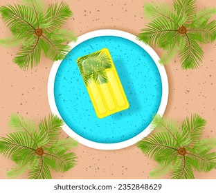 Summer vacation poster. Yellow inflatable float mattress in the pool. Vector illustration