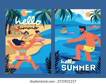 Cartazes de férias de verão atividades de praia esboço plano colorido