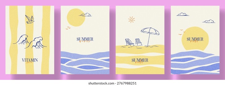 Summer Vacation Posters Collection. Vector cards sketch art with waves, clouds, beach chairs and umbrella. Summer set of flyers for travel poster, tropical party flyer, summer-themed design and event.