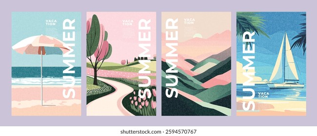 Summer Vacation Posters Set - Beach, Landscape, and Yacht Illustrations vector illustration