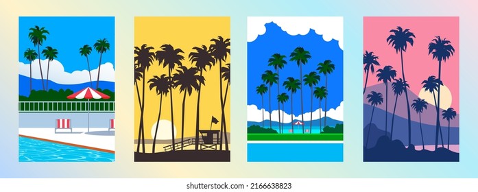 summer vacation posters set with palm trees beach ocean  swimming pool sunset vector illustration