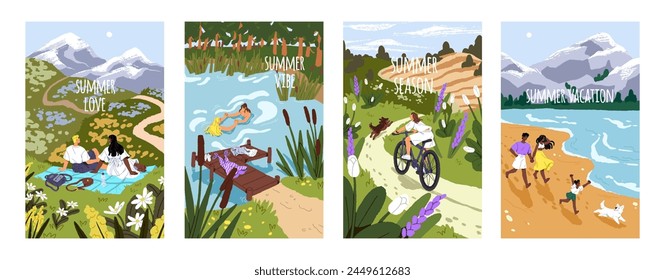 Summer vacation posters set. People swimming, cycling outdoor in summertime vertical postcards. Family walking on beach. Couple has a picnic on flower meadow. Countryside. Flat vector illustrations