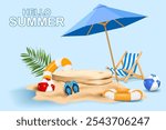 summer vacation product display and presentation banner. wooden cylinder podium and summer objects decorative business advertising banner and showroom background vector illustration.