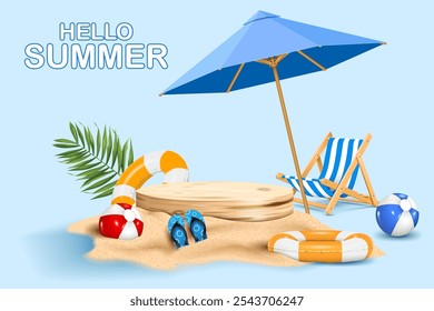 summer vacation product display and presentation banner. wooden cylinder podium and summer objects decorative business advertising banner and showroom background vector illustration.