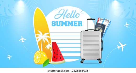 Summer vacation product display and presentation banner summer objects decorative business advertising banner and showroom background vector illustration