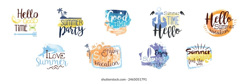Summer Vacation Promo Sign and Label Colorful Vector Set