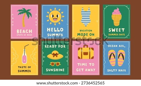 Summer Vacation Quote Posters Set. Bright Colorful Modern Summertime Holiday Banners and Cards collection with Motivational Phrases and Drawn Frames. Vector illustration