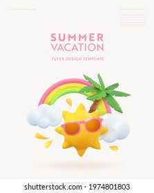 Summer vacation realistic design template. 3d render scene tropical palm tree, sun, rainbow, cloud. Tropic beach objects, Holiday web poster, flyer, seasonal brochure, cover.  Summertime background