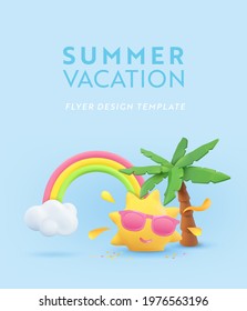 Summer vacation realistic design template. 3d render scene tropical palm tree, sun, rainbow, cloud. Tropic beach objects, Holiday web poster, banner, seasonal brochure, cover.  Summertime background