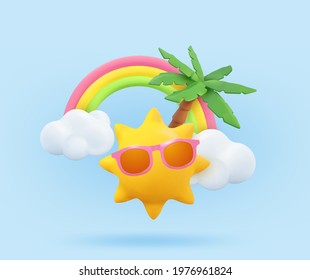 Summer vacation realistic design template  3d render scene tropical palm tree  sun  rainbow  cloud  Tropic beach objects  Holiday web poster  banner  seasonal brochure  cover   Summertime background