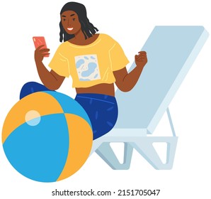 Summer vacation and recreation concept. Smiling woman sitting on lounge holds smartphone. Lady chilling and browsing social media during trip. Gitl uses gadget for surfing internet at resort