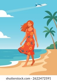 Summer vacation. Red-haired woman-girl on a trip on vacation walks along the beach against the background of the sea and a flying airplane. Vector illustration for vacation and travel projects