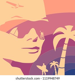 Summer vacation relative collage. Portrait of beautiful woman in sunglasses. Half turn view. Palms, surfer and sailboat icons.