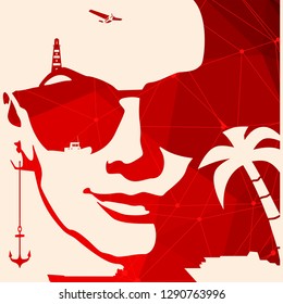 Summer vacation relative collage. Portrait of beautiful woman in sunglasses. Front view. Palm, ship, anchor and lighthouse icons. Connected lines with dots.