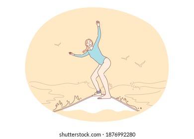 Summer, vacation, relax concept. Smiling woman enjoying water surfing enjoying seaside recreation watching seascape during vacations. Holiday rest and summertime sunbathing on sand