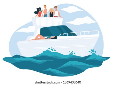 Summer vacation and relaxation, people on yacht. Marine rest of rich people, wealthy friends leisure in sea. Recreation and happiness, sunny weather and adventures on boat. Vector in flat style
