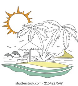 Summer vacation and relaxation. Vector image of a beach, sun, palm trees. Sunny Beach. Print on clothes or goods.