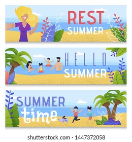 Summer Vacation Rest, Family Leisure on Tropical Seacoast Flat Vector Horizontal Banner, Posters Set. Happy Woman Making Selfie on Beach, Parents with Kids Having Fun, Swimming in Sea Illustration