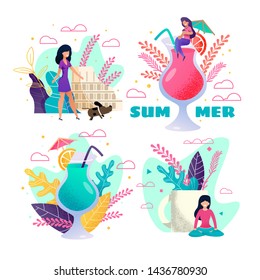 Summer Vacation and Rest Invitation Cards. Cocktail Party Vector Set. Summertime and Meditating. Travelling and Walking Outside. Exciting Events on Tropical Island. Resting Cartoon People Illustration