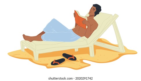 Summer vacation and rest, relaxing man lying on chaise longue reading book. Seaside and beach recreation, weekends or vacation. Young male character sunbathing. Vector in flat style illustration