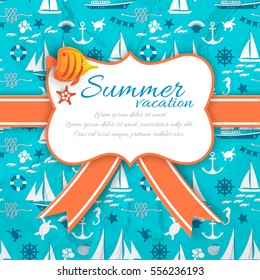 Summer vacation retro paper banner with orange ribbon on blue seamless nautical pattern background flat vector Illustration 