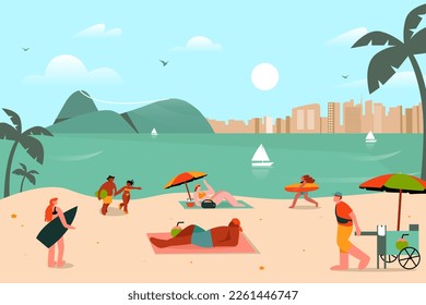 Vacaciones de verano en Río de Janeiro, Brasil. La gente descansa en la playa, ilustración plana vectorial. Paisaje de Ipanema.