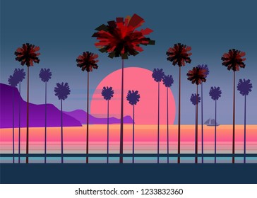 Summer Vacation Road, Tropical Beach Sunset, Ocean, Sea, With Palm Trees ,vector Illustration, Poster, Baner, Isolated