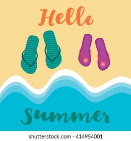 Summer vacation romantic vector card with flip-flops