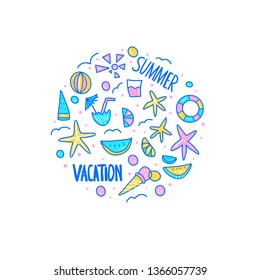 Summer vacation round concept. Handwritten lettering with summer symbols in doodle style. Circle emblem with text and design elements isolated on white background. Vector color illustration.