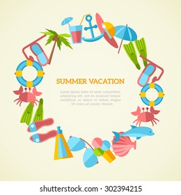 Summer vacation round frame. Seaside holidays. Creative background with colorful flat elements. Place for your text. Vector illustration.