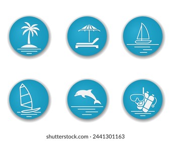 summer vacation round icon set. sea, beach and palm. vector color illustrations for tourism design