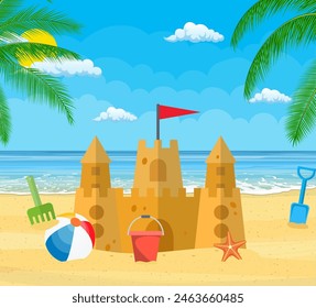 Summer Vacation. Sand Castle, Bucket of Sand and Beach Ball on a Beach, starfish. Vector illustration in flat style