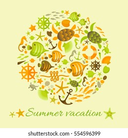 Summer vacation sand color background with marine decorative elements collected in circle flat vector Illustration 