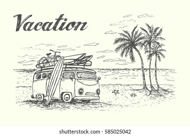 Summer Vacation Scene With Camping Van, Travel Equipment, Beautiful Beach On Background.Hand Drawn,isolated,vector