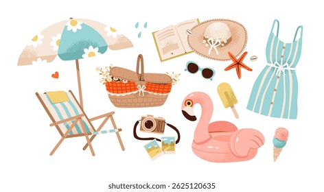 Summer vacation scene with tropical elements, beach umbrella, flamingo, and ice cream. each trip with lounger, basket, and sunglasses, perfect for a holiday or picnic. Flat vector illustration.
