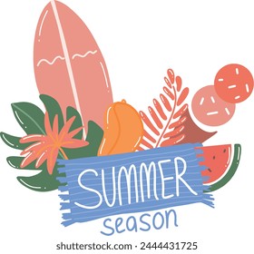 Summer vacation scene tropical palm tree and beach objects with surfboard